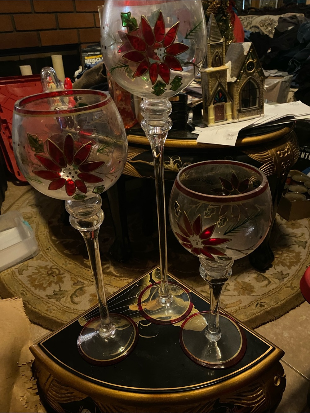 Home Essentials Set of 3 Decorative Poinsettia Glass Candle Holders